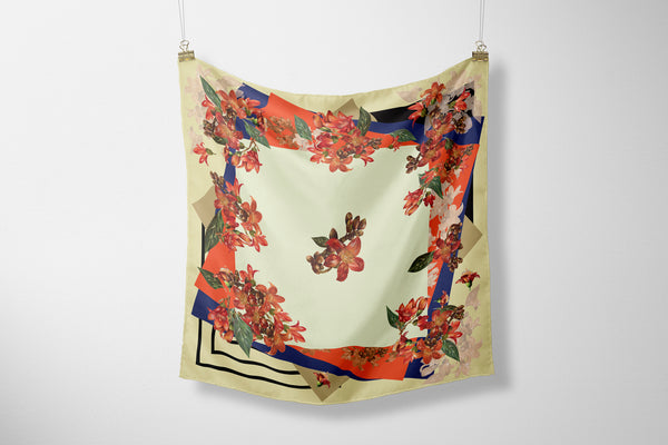 Hand-Painted Lat-Pan Flowers Art in Printed Silk Scarf