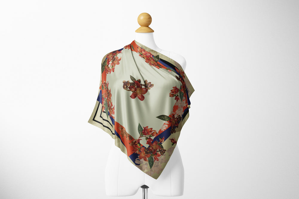 Hand-Painted Lat-Pan Flowers Art in Printed Silk Scarf