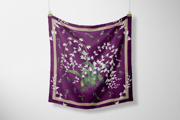 Hand-Painted Thazin Flowers Art in Printed Silk Scarf