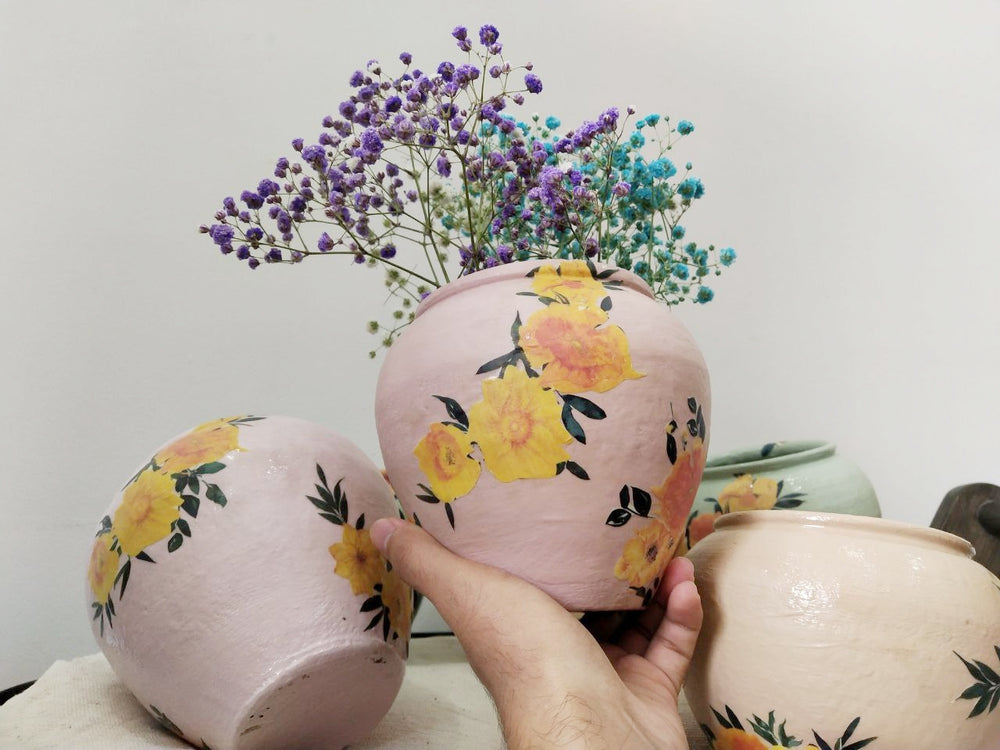 Hand painted Pot with Decoupage Floral Design