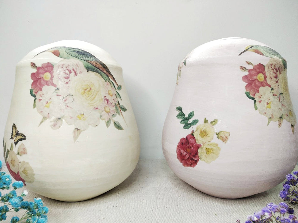 Hand painted Money Box Pot with Decoupage Floral Design