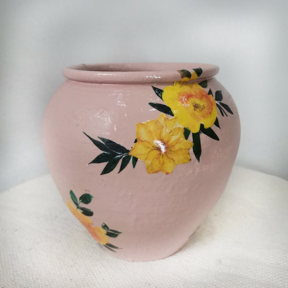 Hand painted Pot with Decoupage Floral Design